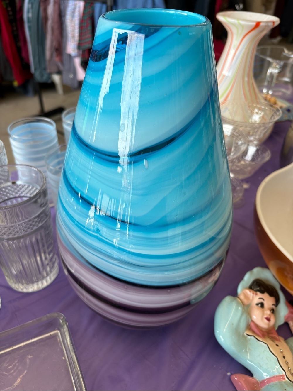 Blue purple wStriped Art Glass Vase